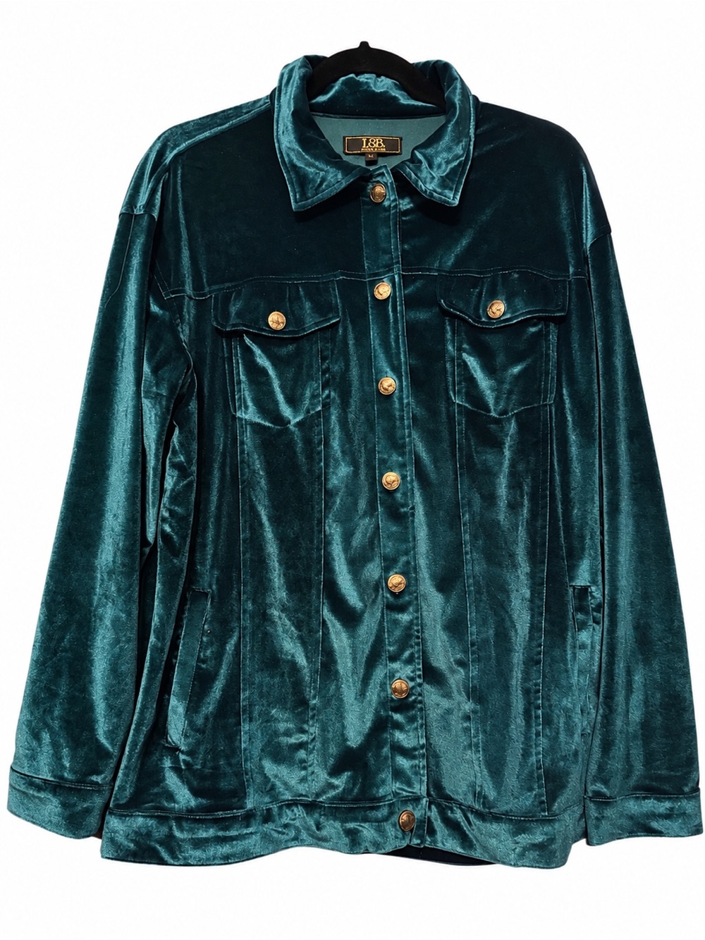 L&B Teal Turquoise Velvet Button Up Shirt Jacket with Buffalo Coin Buttons